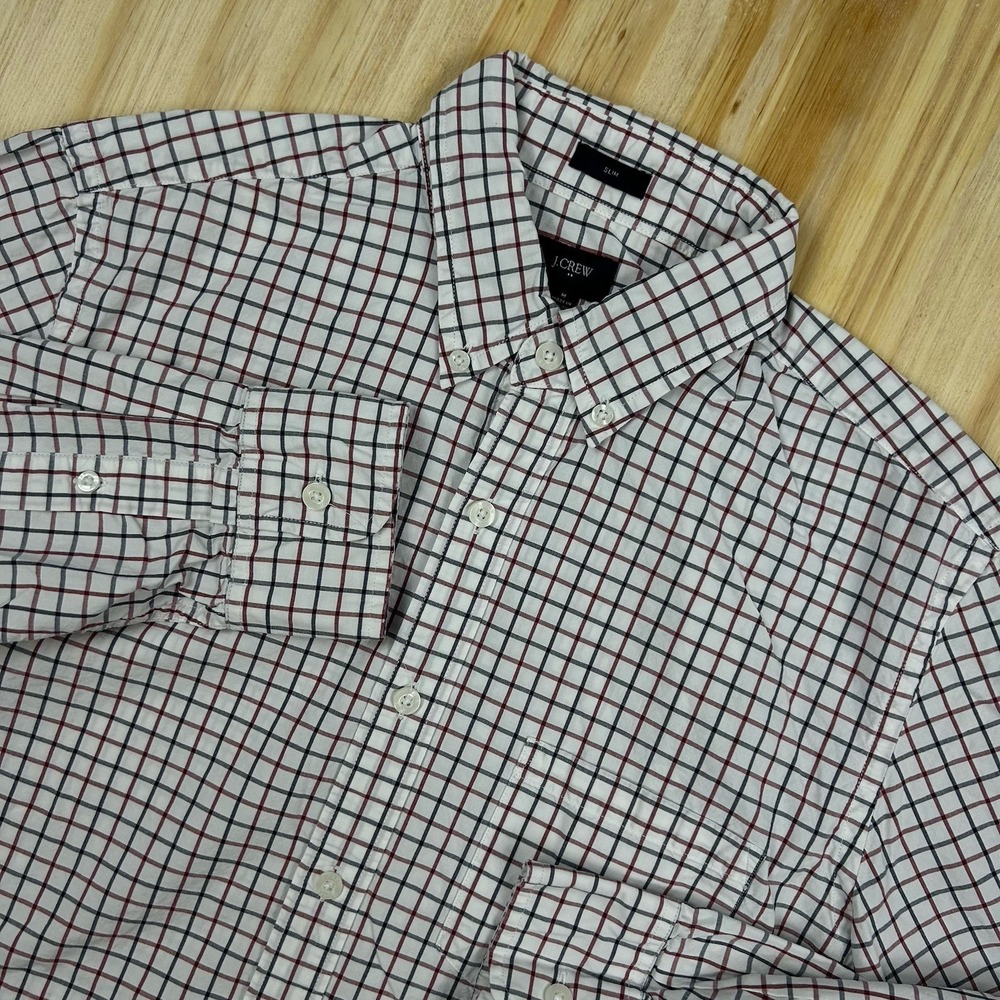 J. Crew Button Down Shirt Men's Medium Slim Plaid White Green Red‎ Cotton